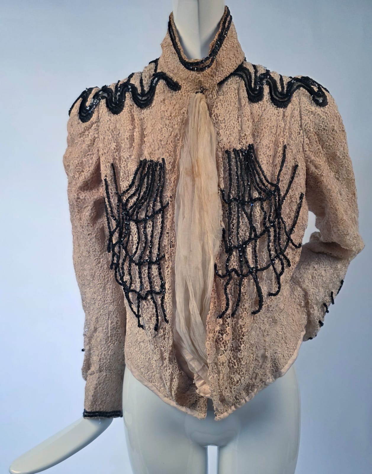 VICTORIAN 1890’S IVORY LACE BODICE W JET BEAD DETAILS + GERMAN LABEL