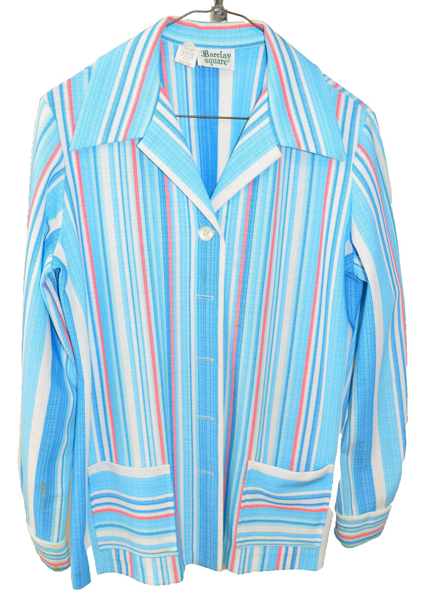 Vintage BARCLAY SQUARE Blue Pink Striped Polyester Button Down Shirt Size 15/16