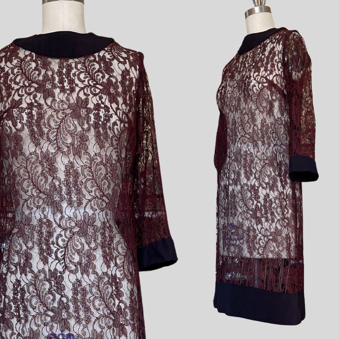 Vintage 60s Sheer Lace Shift Dress Burgundy Black Mod