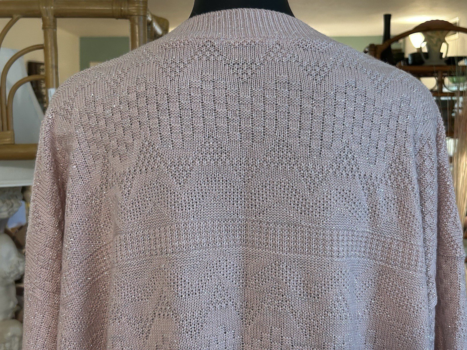 Vintage 80s 90s Dusty Rose Pink Shiny Silver Oversized Geometric Knit Sweater L