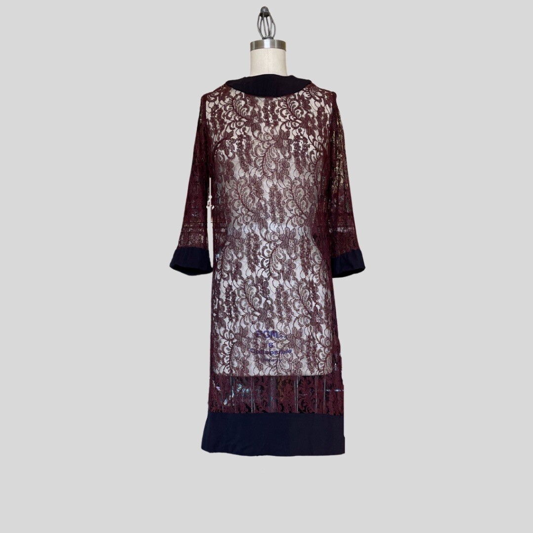 Vintage 60s Sheer Lace Shift Dress Burgundy Black Mod