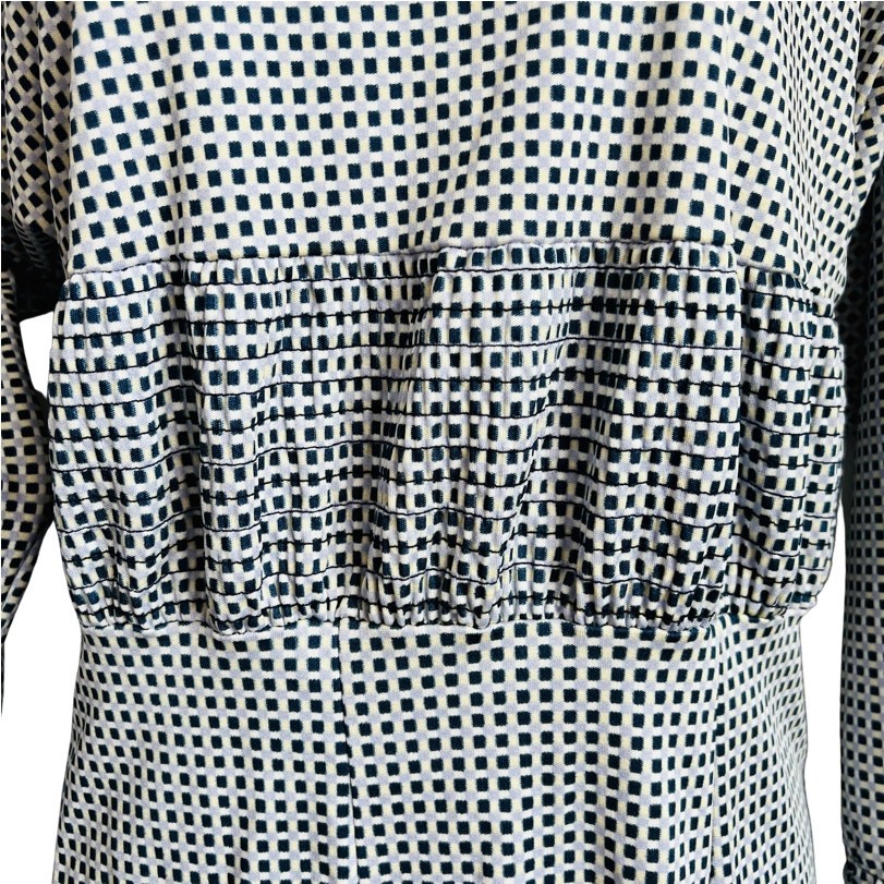 Vintage 70s Check Squares Shirred Blue Cream Tan Turtleneck Dress size S / M