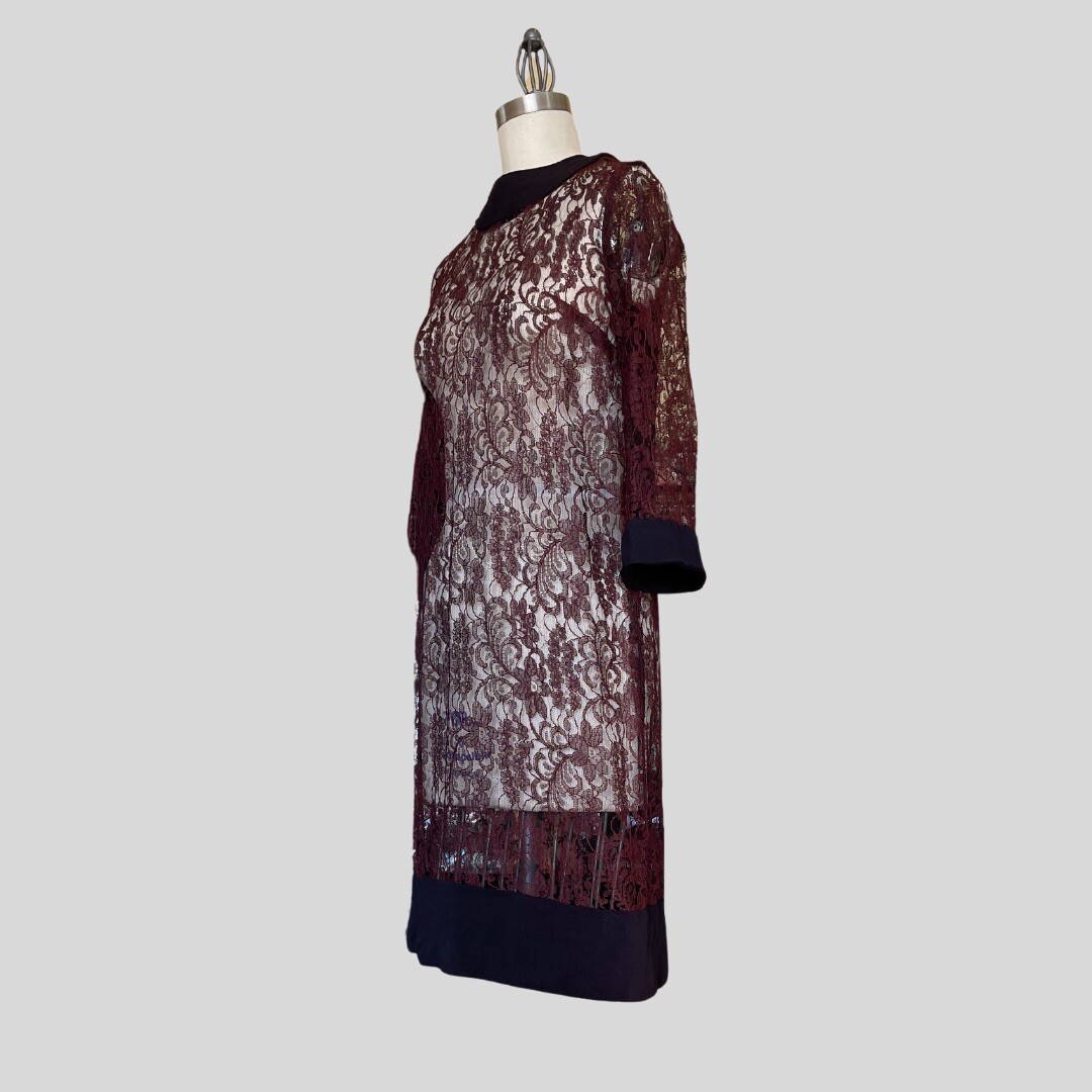 Vintage 60s Sheer Lace Shift Dress Burgundy Black Mod