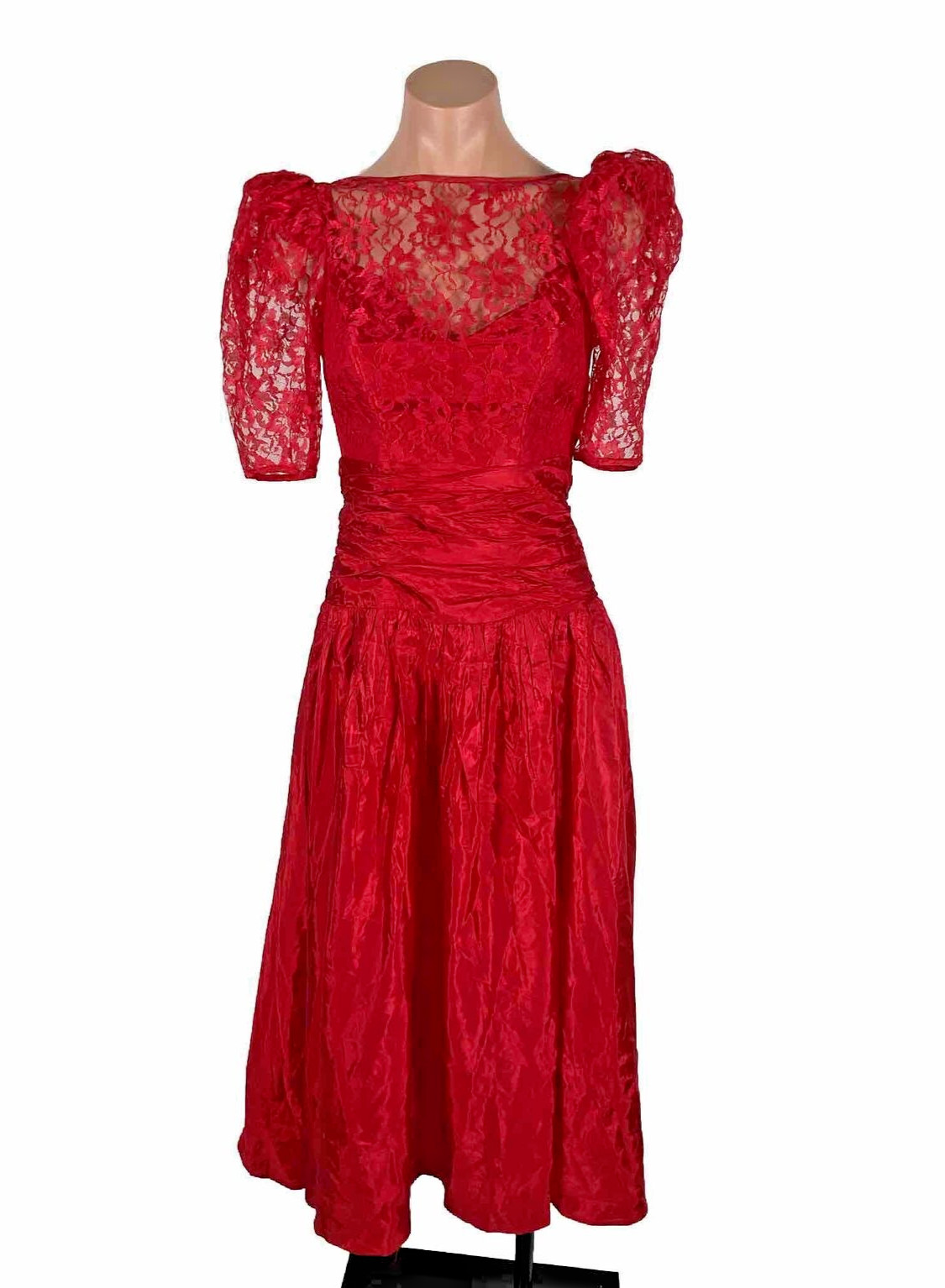 VTG 80s Prom Red LACE PUFFY BUBBLE SLEEVE Party Formal Bows Evening Dress Gown 4