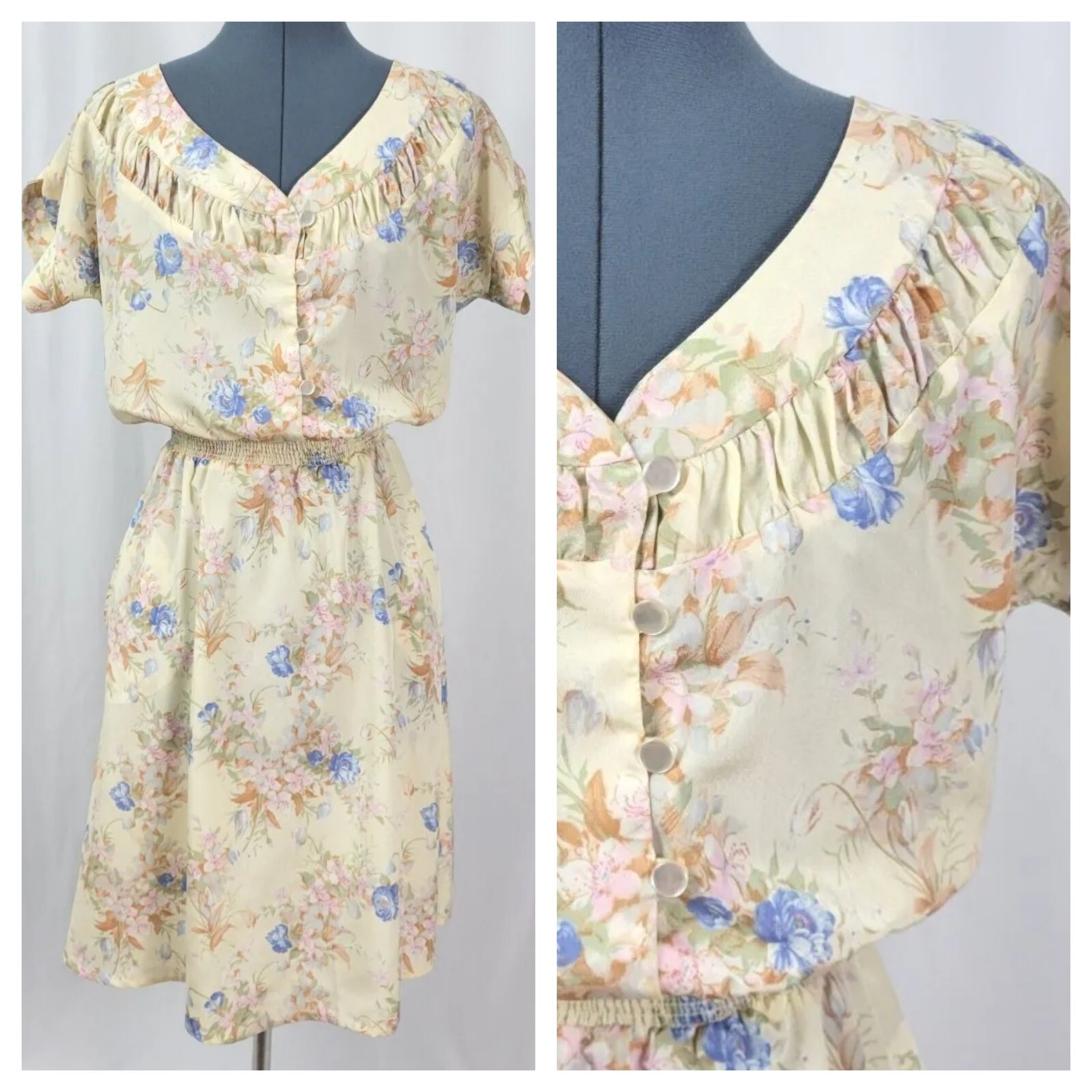 Vintage Irene Kasmer Creamy Yellow Floral Dress w Smocked Waist Size S?
