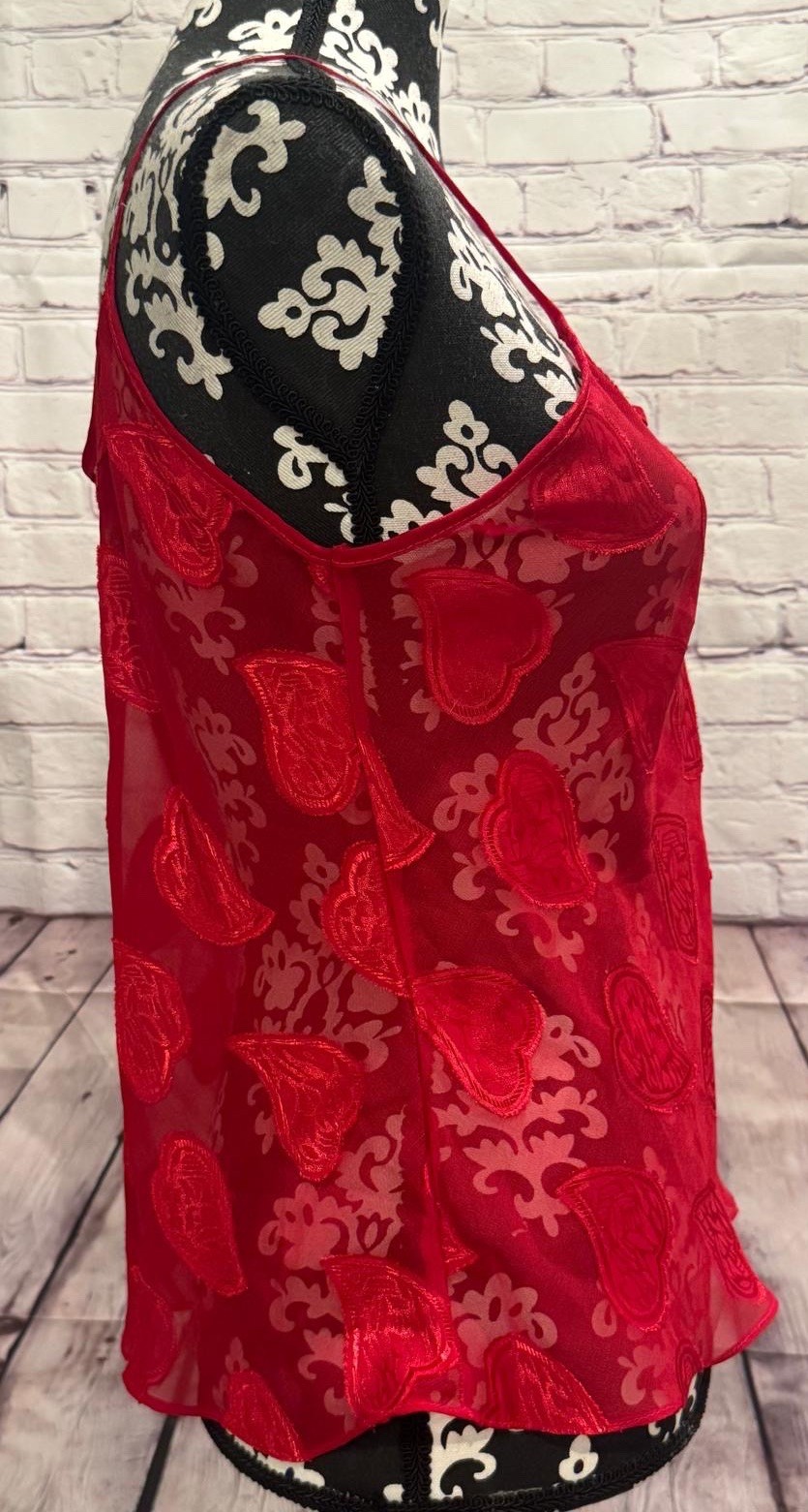 VTG 90’s Isabel Intimates Red Chiffon Heart Appliqués Babydoll Lingerie Cami L