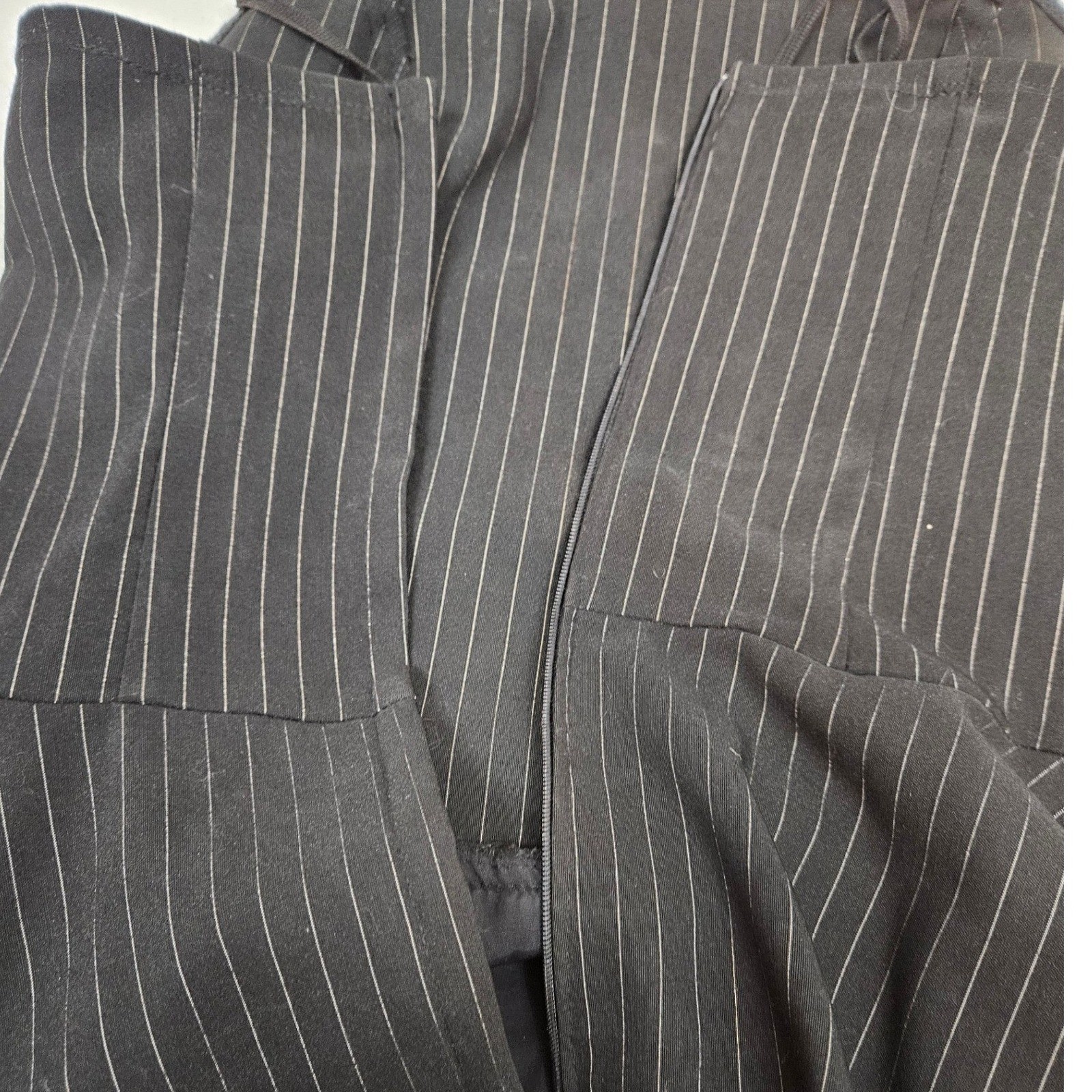 Vintage La Belle Pinstripe Strapless Midi Dress Floral Embroidery Black Red USA