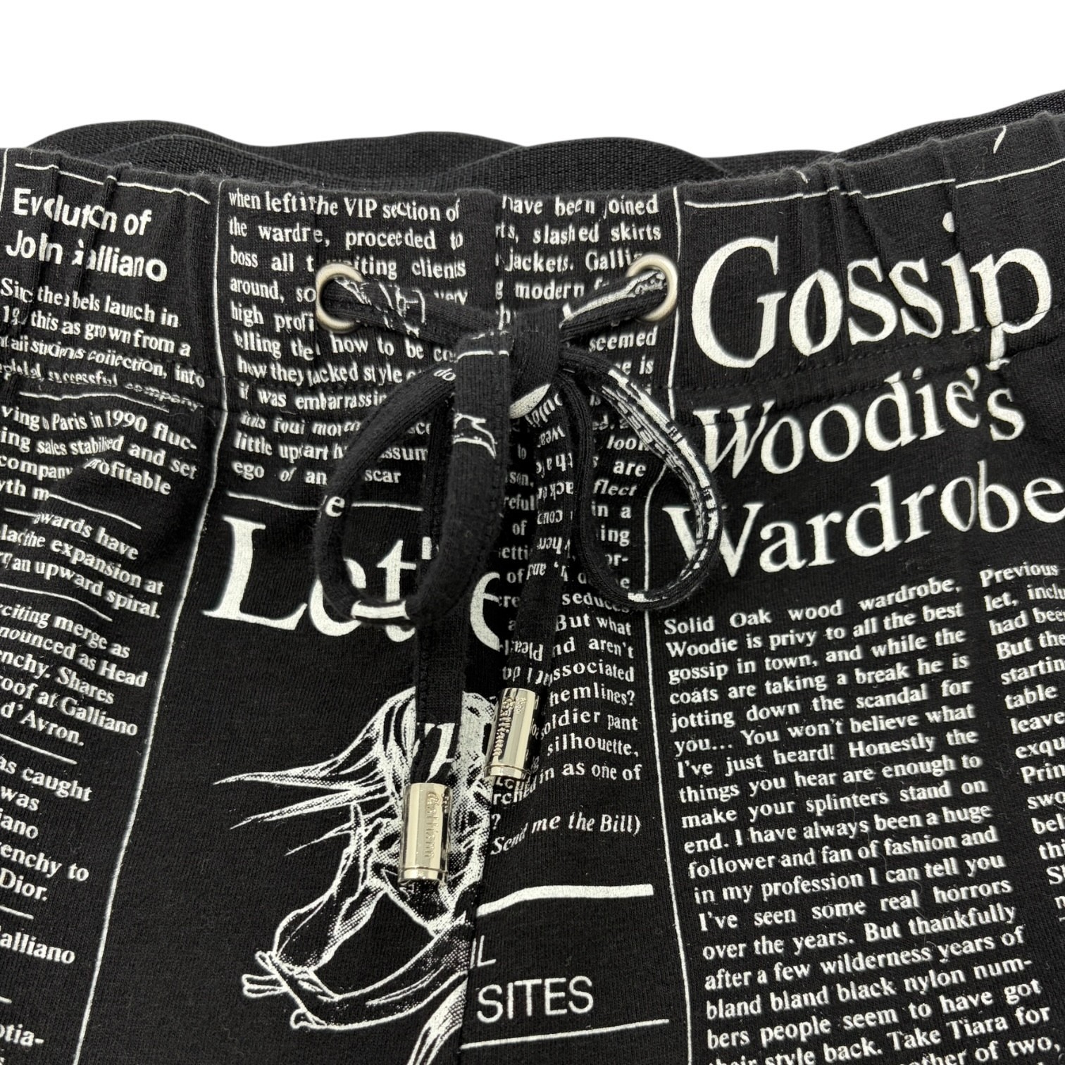 John Galliano Vintage Newspaper Print Hoodie Top Pants Set #XS Black 902549