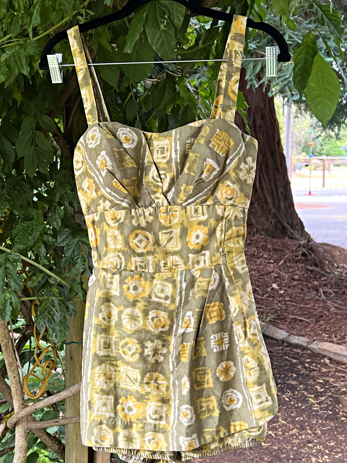 Vintage Eva Jon La Jolla Kahala Hawaii Romper Dress Tiki Playsuit Olive MCM