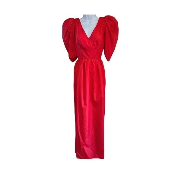 Vintage 80s ILGWU Red Maxi Dress Puff Sleeve Regencycore Old Hollywood Glam