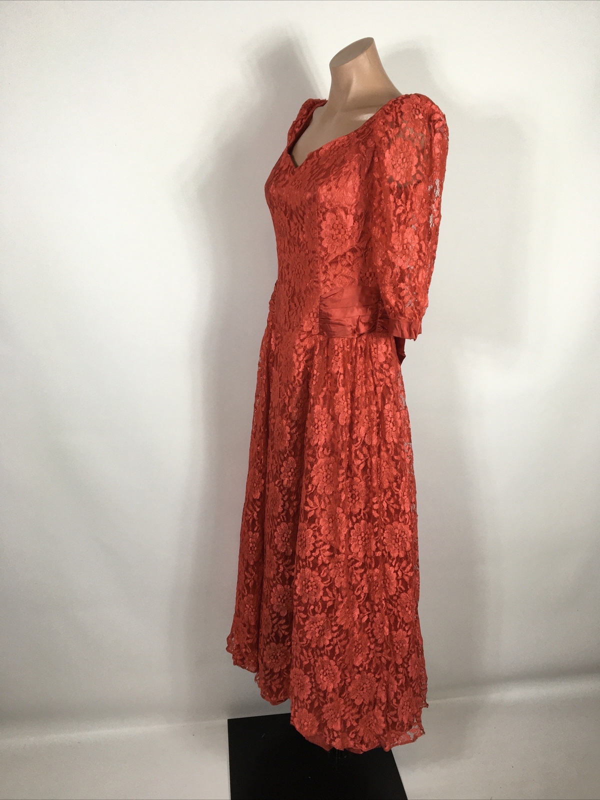 VTG 80s Prom Red LACE PUFFY BUBBLE SLEEVE Party Formal Bows Evening Dress Gown S