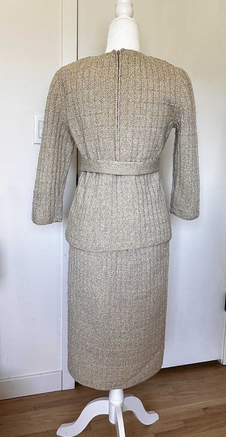 VTG Sweater Skirt Set Sydneys Knit Wool Gold Silver Metallic Stretch 1960s Rare