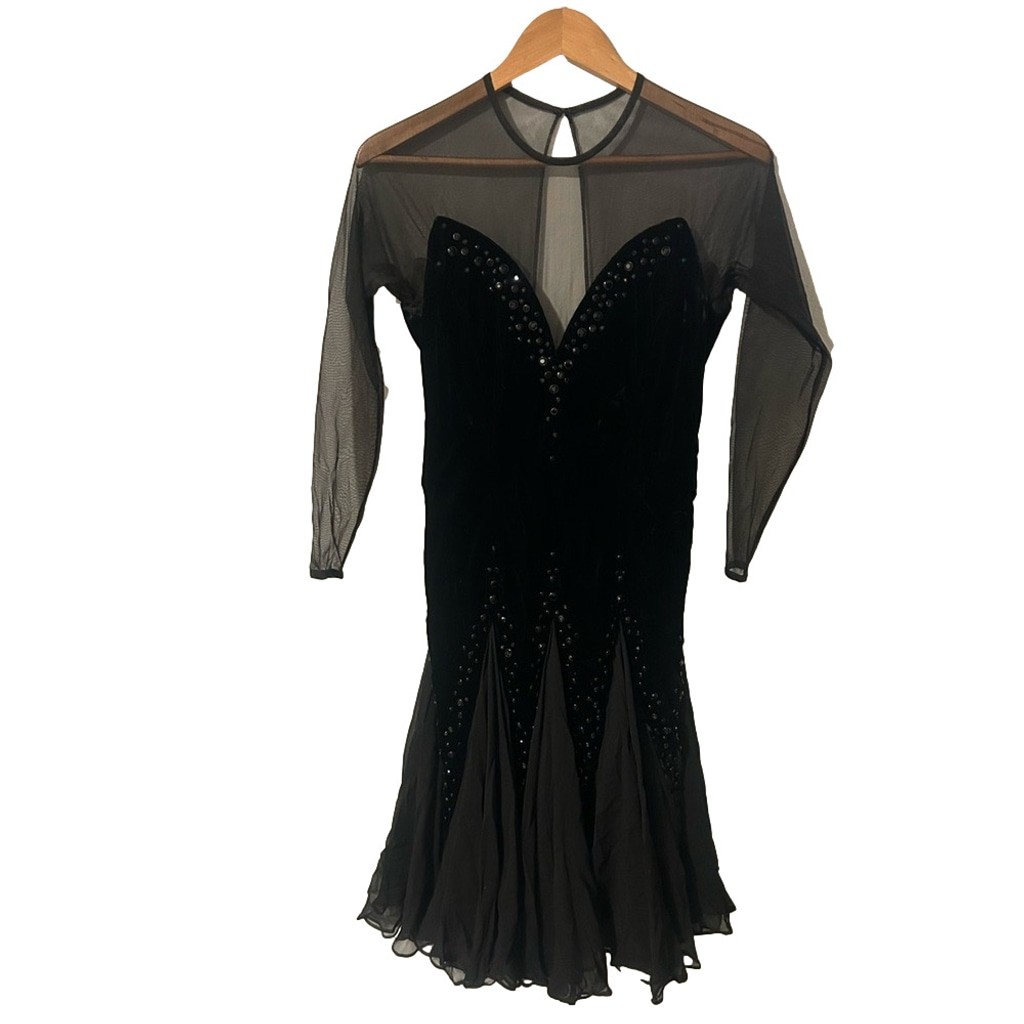 Vintage Ann Lawrence Black Velvet & Sheer Mesh Evening Gown Dress Size 8 Witchy