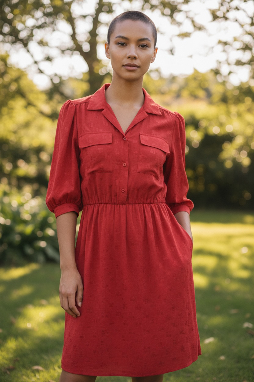 Vintage Sabino women’s red dress 3/4 length sleeves ,collar, button down front