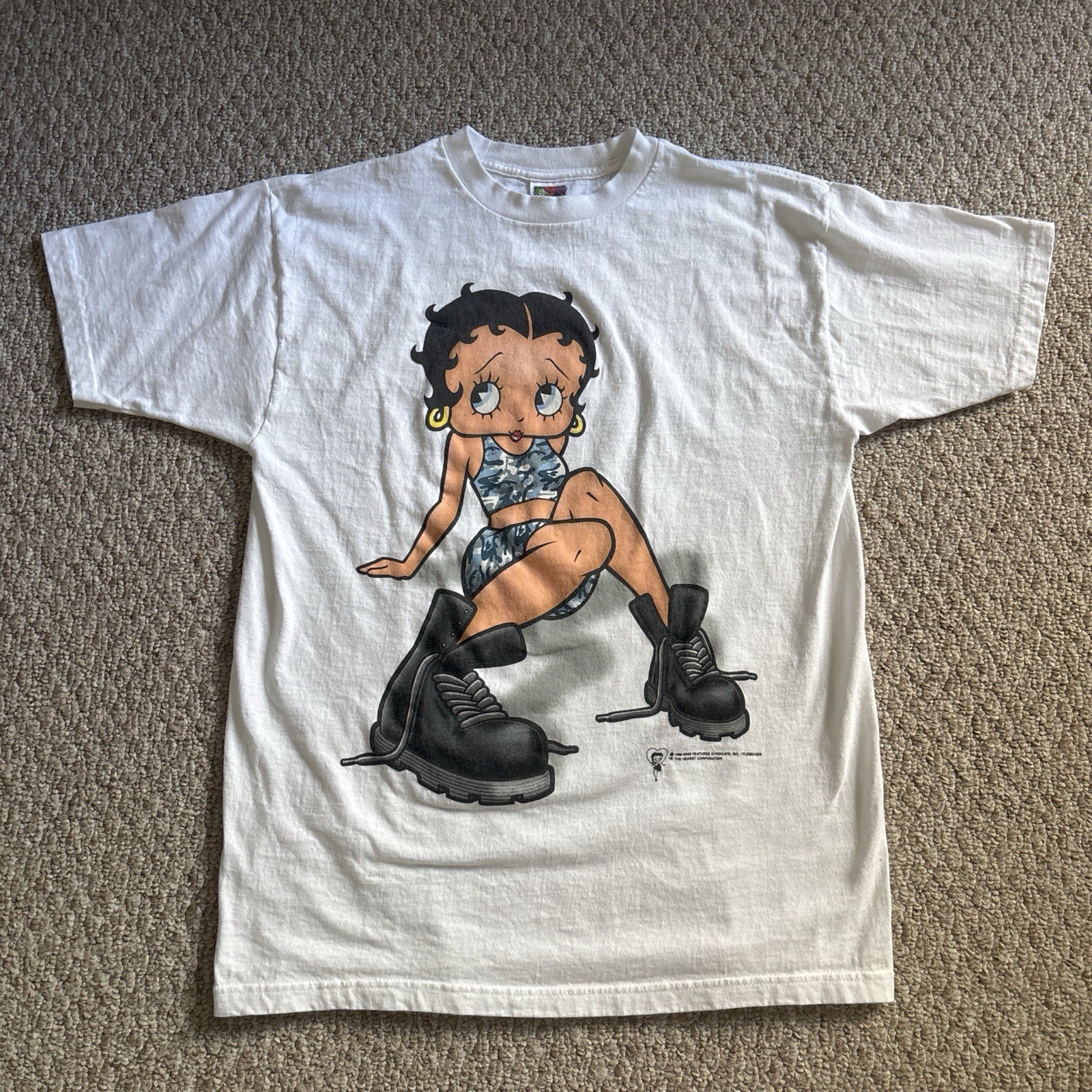 Vintage Women’s 1998 Betty Boop Military Blue Camo Girl White T-Shirt Size Large