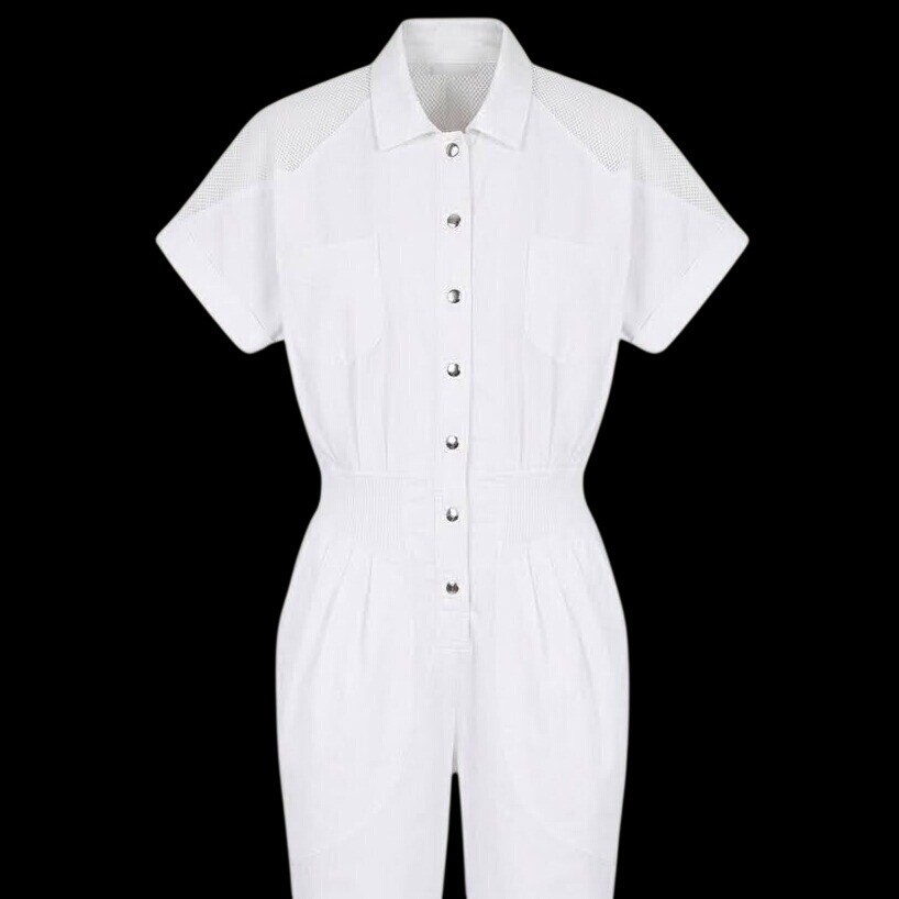 Vintage Original Venezia Jumpsuit Women Medium White Snap Front Buttons Elastic