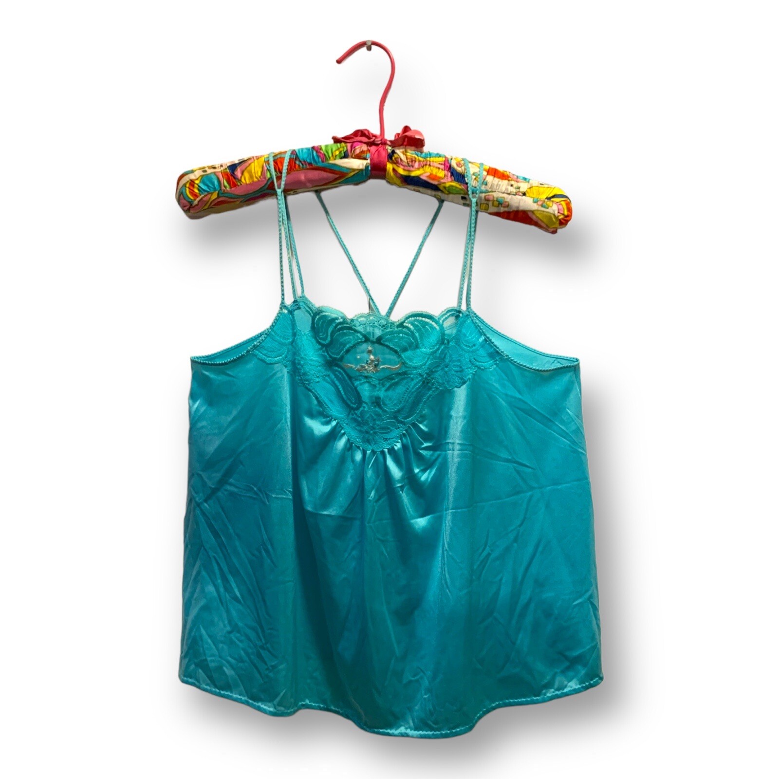 Vtg Turquoise Blue Lace Camisole Slip Nylon Silky 36 Shadowline 70s Strappy Cami
