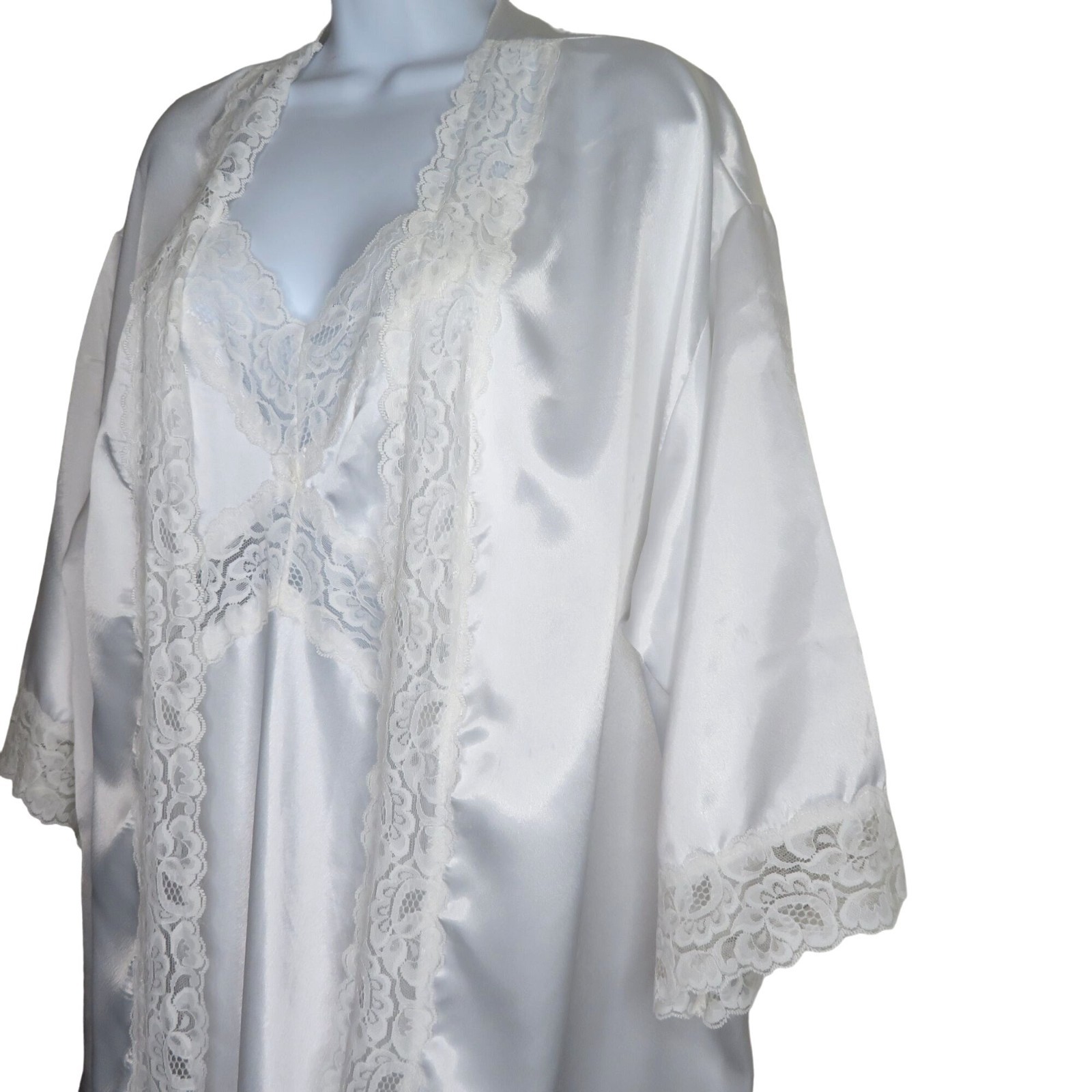 Vintage White Lace Satin Slip Nightgown Robe Peignoir Set Wedding Honeymoon