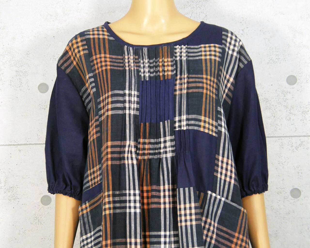 Japanese Vintage Kimono Remake Dress Cotton Indigo-dyed Round-neck Short-sleeved