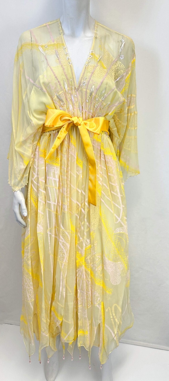 Vintage ZANDRA RHODES Iconic Silk Chiffon Gown 6 Yellow Hand Painted 1970’s Midi