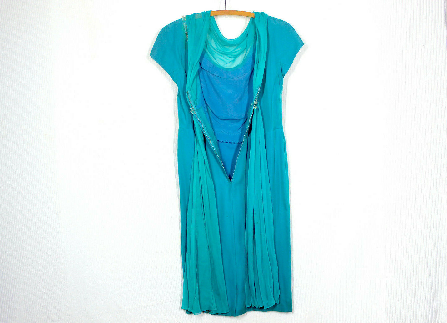 Vtg 50s Ocean Blue Silk Crepe Dress L Cameo Cowl Neck Pearl Beading Pinup Rare