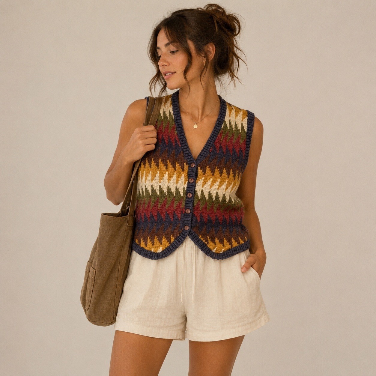 Lizwear Vintage 90s Cotton Knit Sweater Vest Zigzag Teacher Cottage Layers M