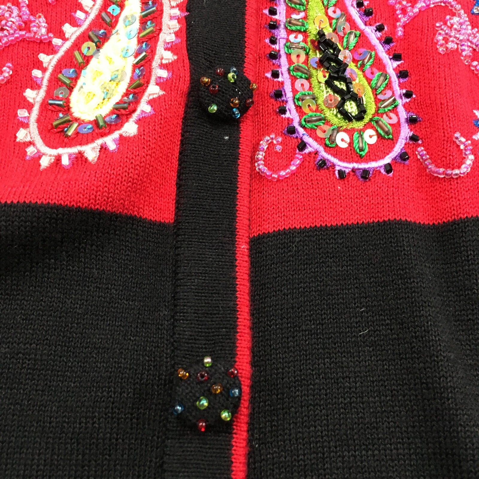 Jack B Quick PL Black Red Paisleys Sequins Beads Cardigan Vintage Button FLAWS
