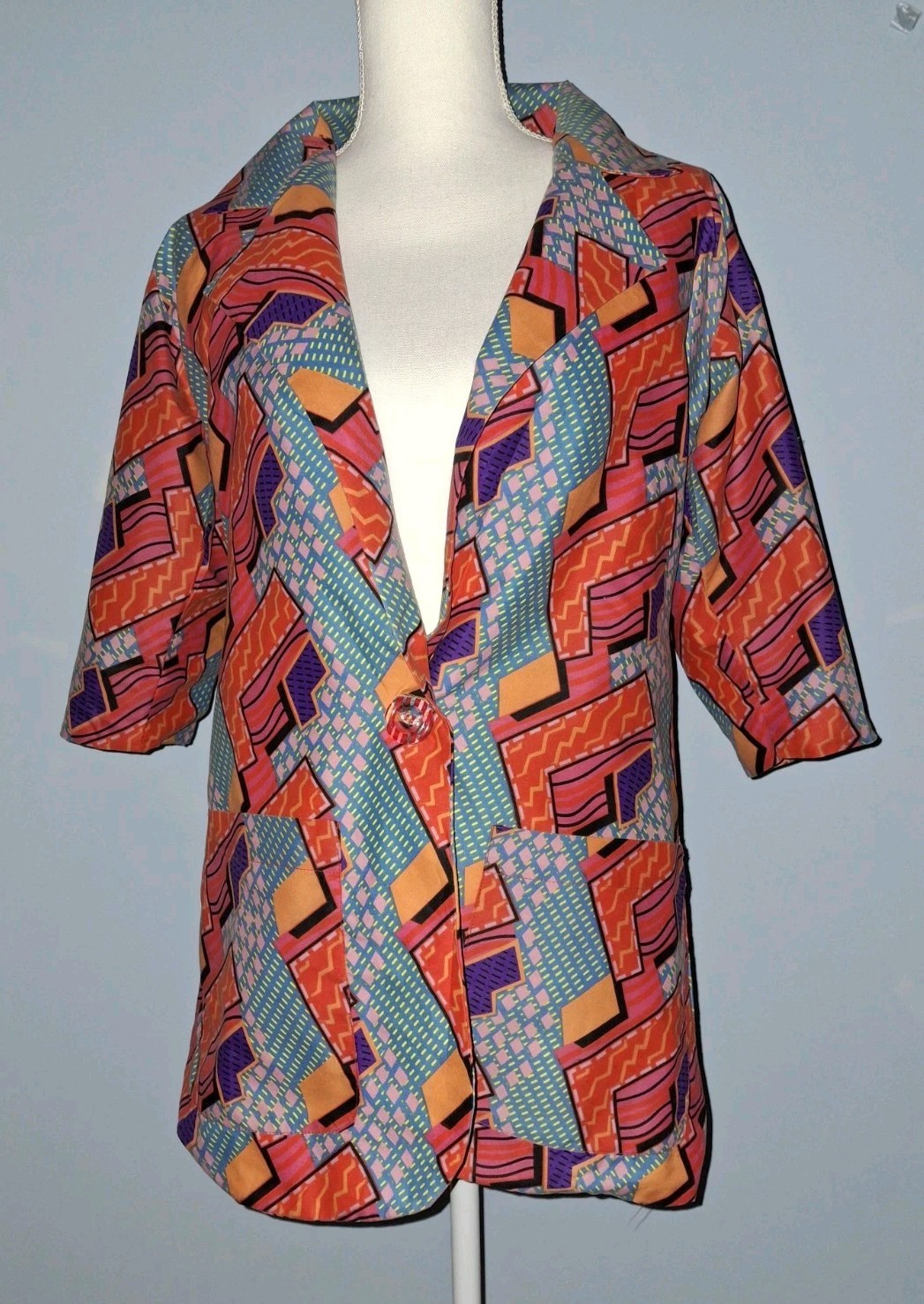 Vtg 80s Jacket Geo Print Long Blazer Red Yellow Purple Teal Femina