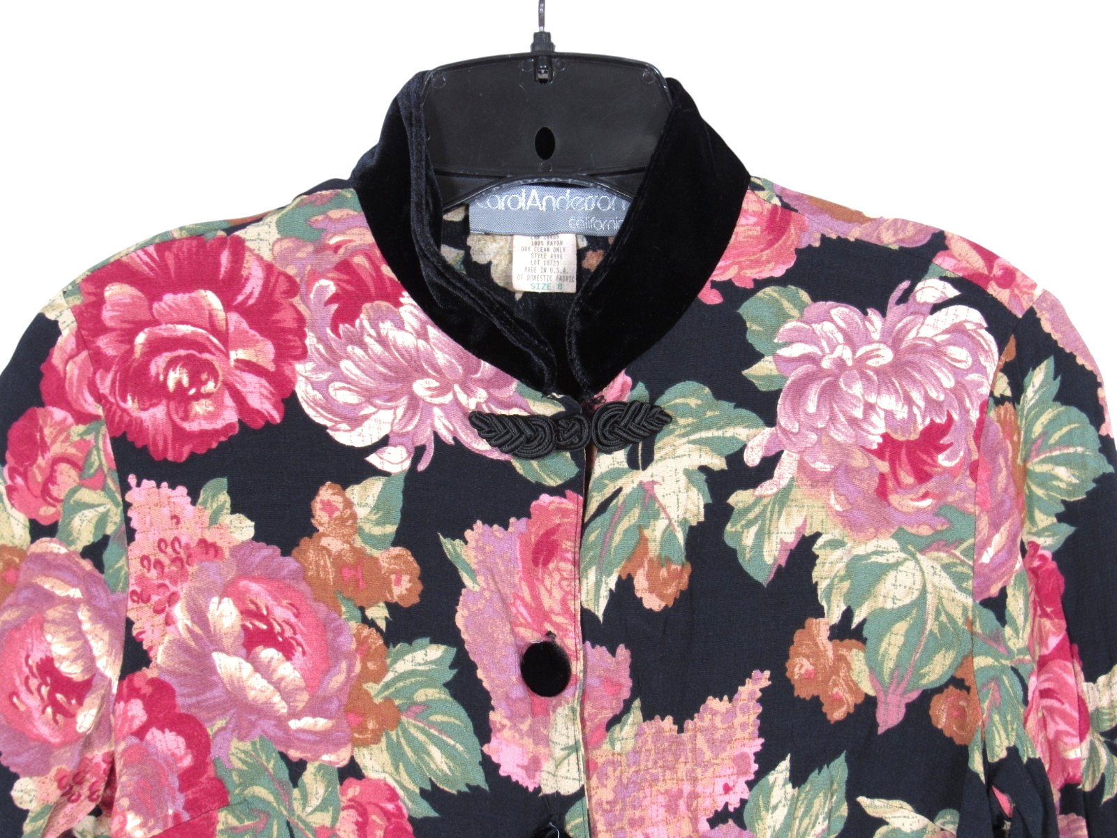 VTG 80’s CAROL ANDERSON Black/Pink Floral CREPE Button-Up CROPPED Jacket/Top 8