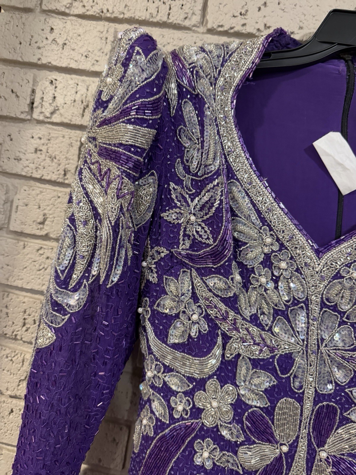 80S Vintage Sequin Imports 100% Silk Purple And Silver Beaded Ball Gown. READ