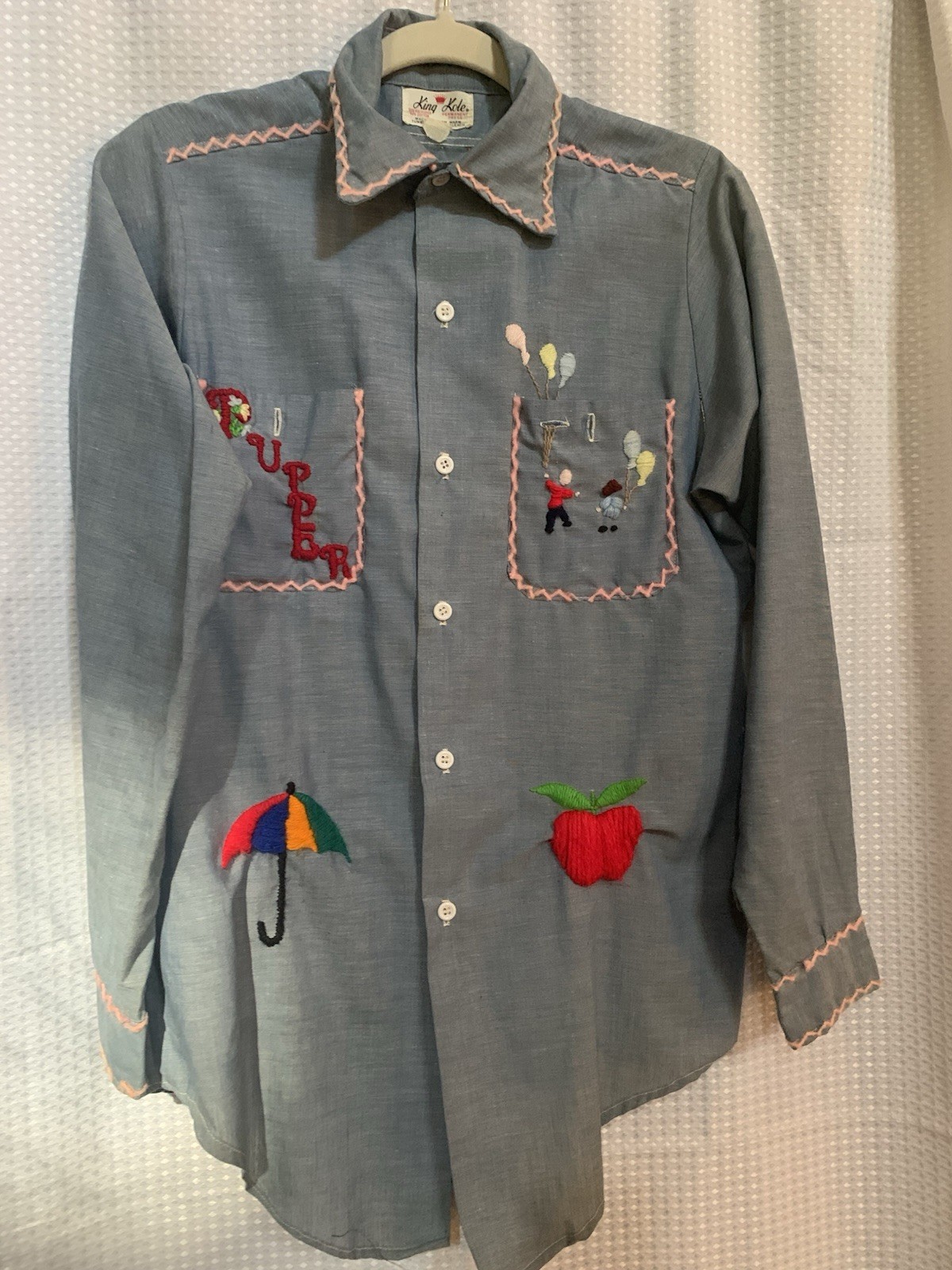 Unusual Hand Embroidered Womens Blue Denim Look Shirt King Kole Vintage Holly