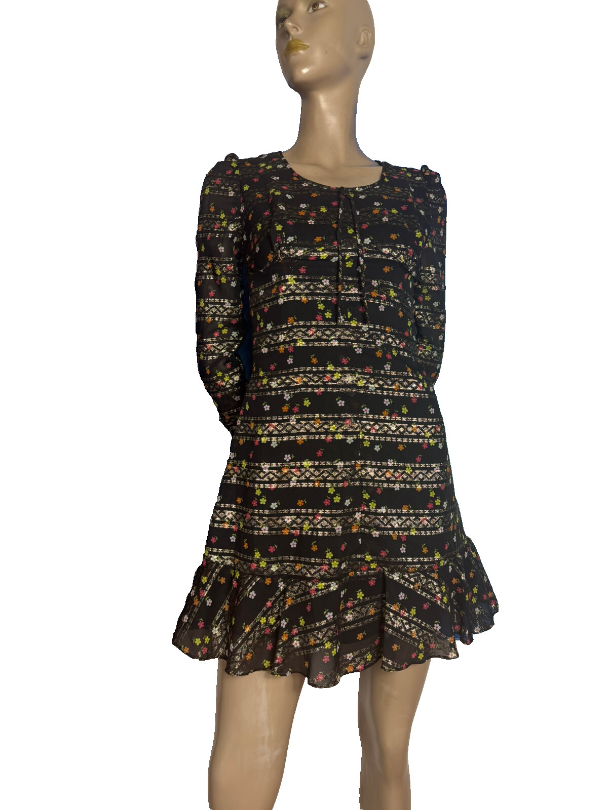 70s Vintage Dress Mini Dress Black Multicolor Floral Silver Lurex Falben ABBA XS