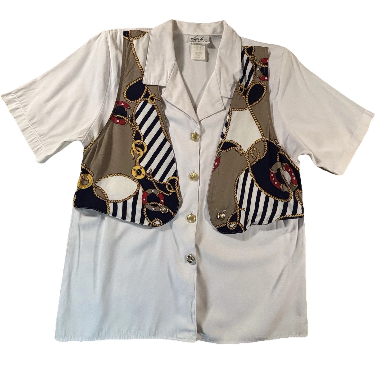 Vintage Kathie Lee Nautical Blouse | Rope Anchor Gold Button Coastal | 14