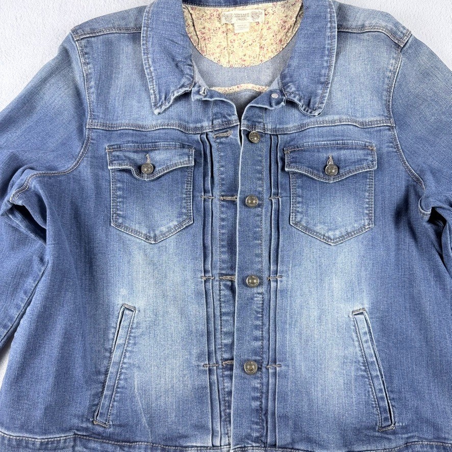 Vintage America Blues Denim Jean Jacket XL Floral Lined Stretch Trucker Blue