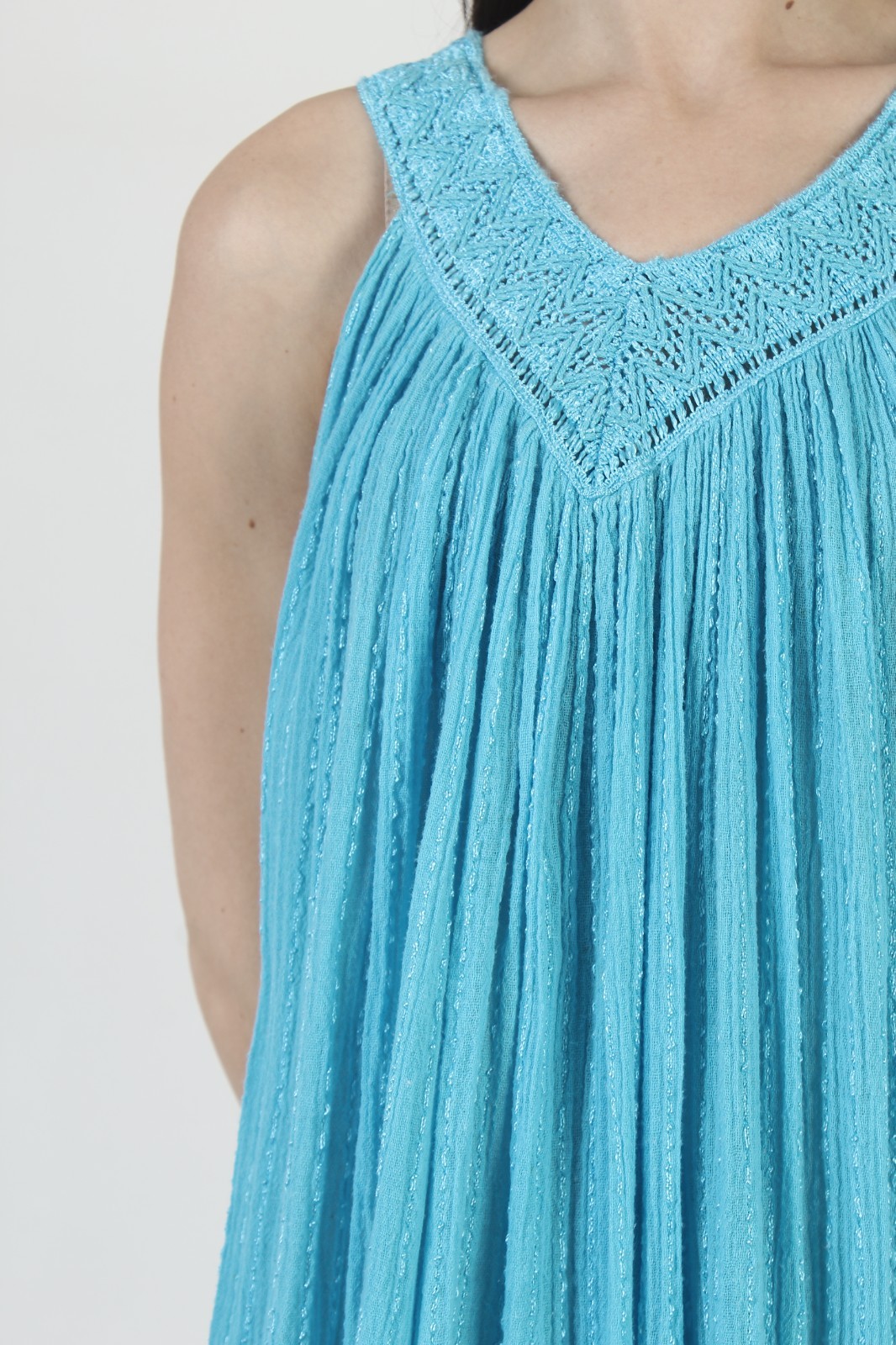 Vtg Turquoise Gauze Dress Cover Up Crochet Mexican Beach Kaftan Ethnic Sundress