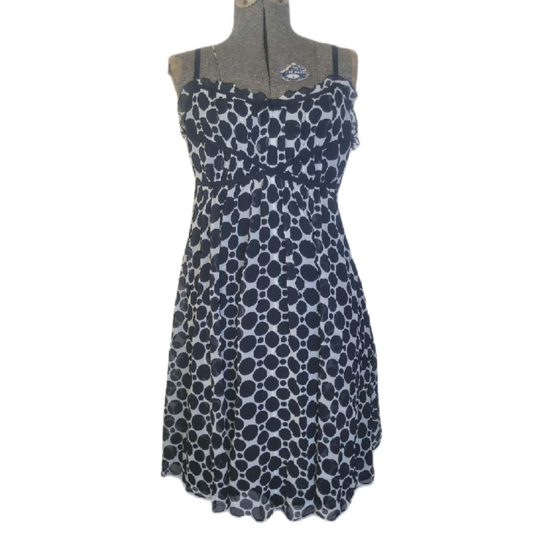 Vintage 90s Y2K Black White Polka Dot 100% Silk Midi Dress Size 10 M I.N.C