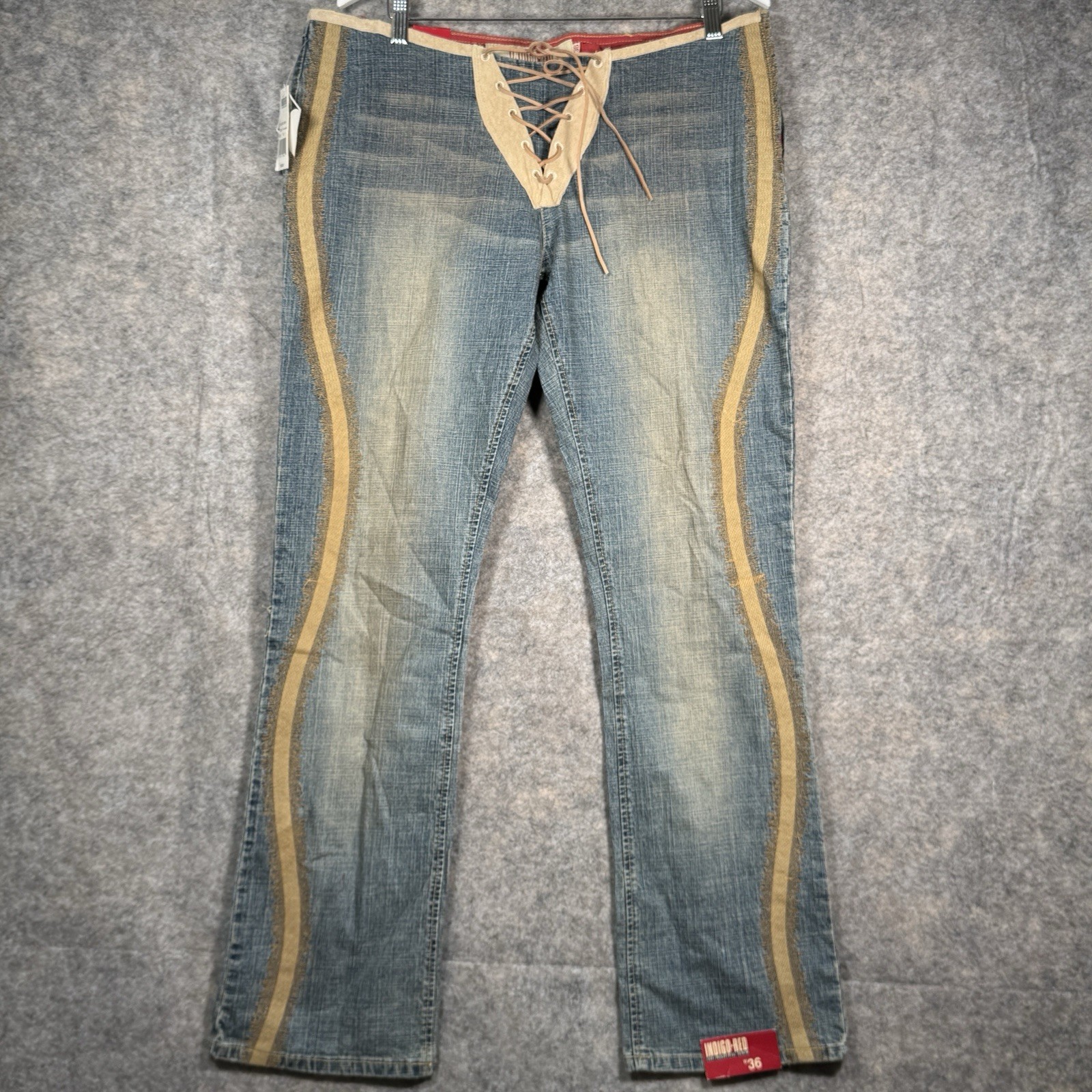 Vintage NWT Y2K Womens Indigo Red Jeans Size 36×32 Front Tie Side Zip Boho
