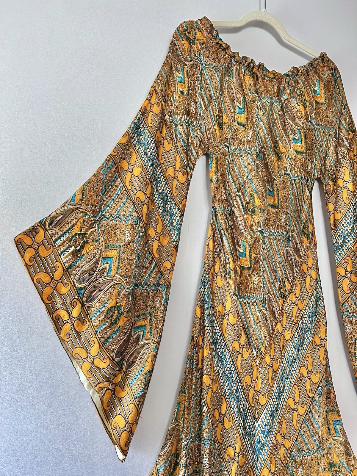 RARE 1960s 70s Psychedelic Chevron Caftan Dress Bias Cut Butterfly Sleeve Boho