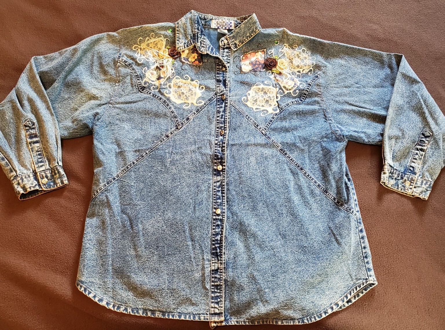 VTG 80s Denim Pretty Bleu Bedazzled Floral Button Long Sleeve Shirt Womens MED