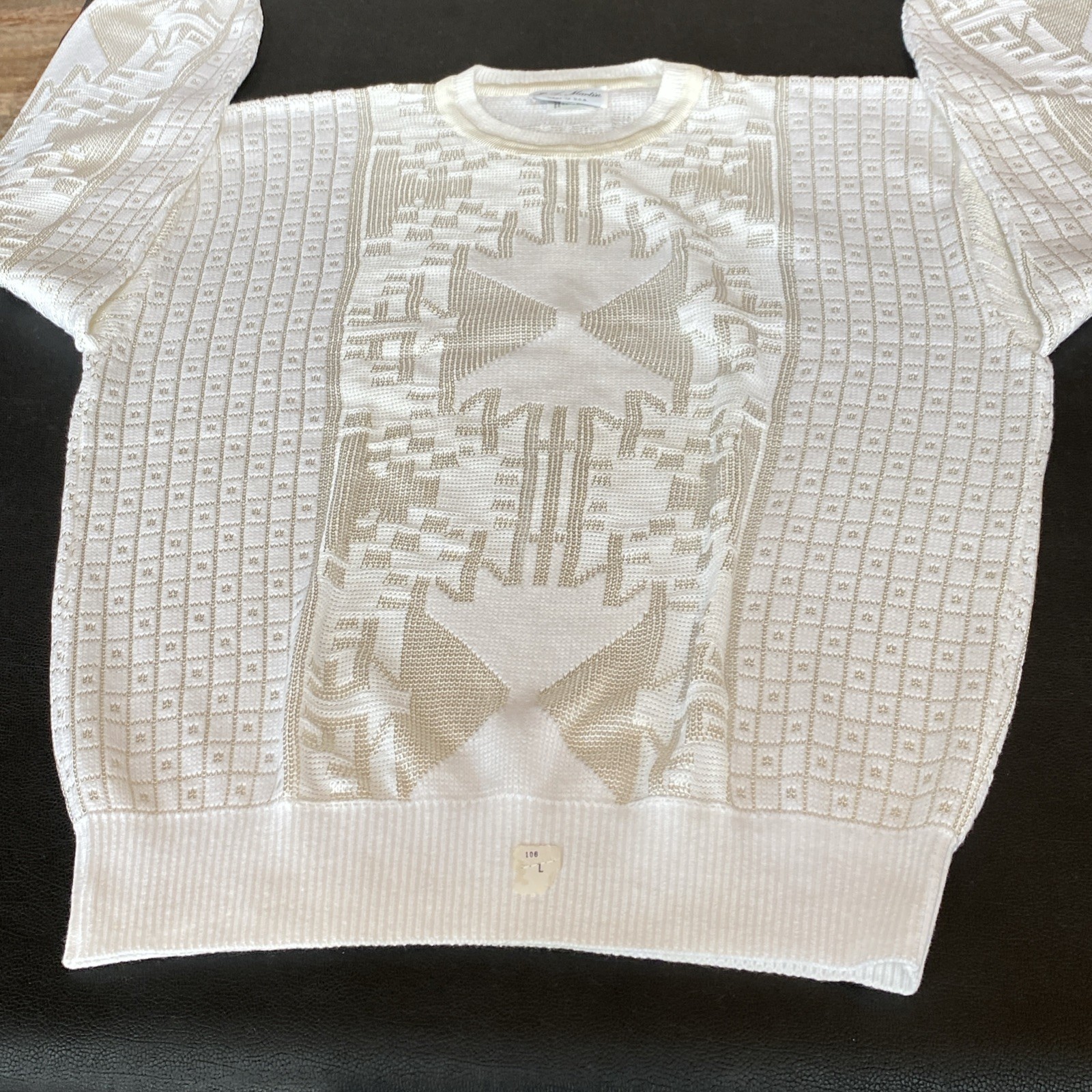 VTG 1970s JT MARTIN Mens WHITE 2 Tone Abstract Geometric Knit Sweater 65% Cotton