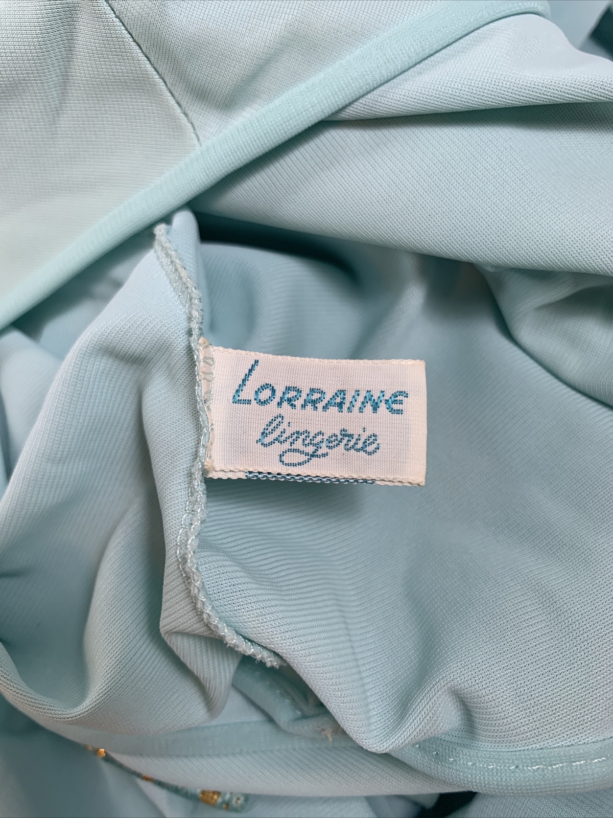 VTG Lorraine Lingerie Set, Light Blue/Gold Filigree Ribbon Edge Size M