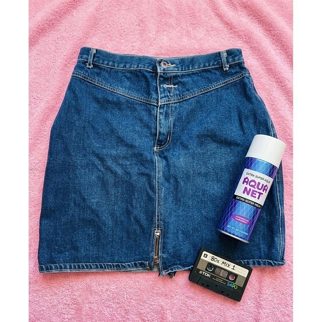 Vintage 80s Bon Jour Denim Mini Skirt High Waist 30 Front Back Hem Zipper