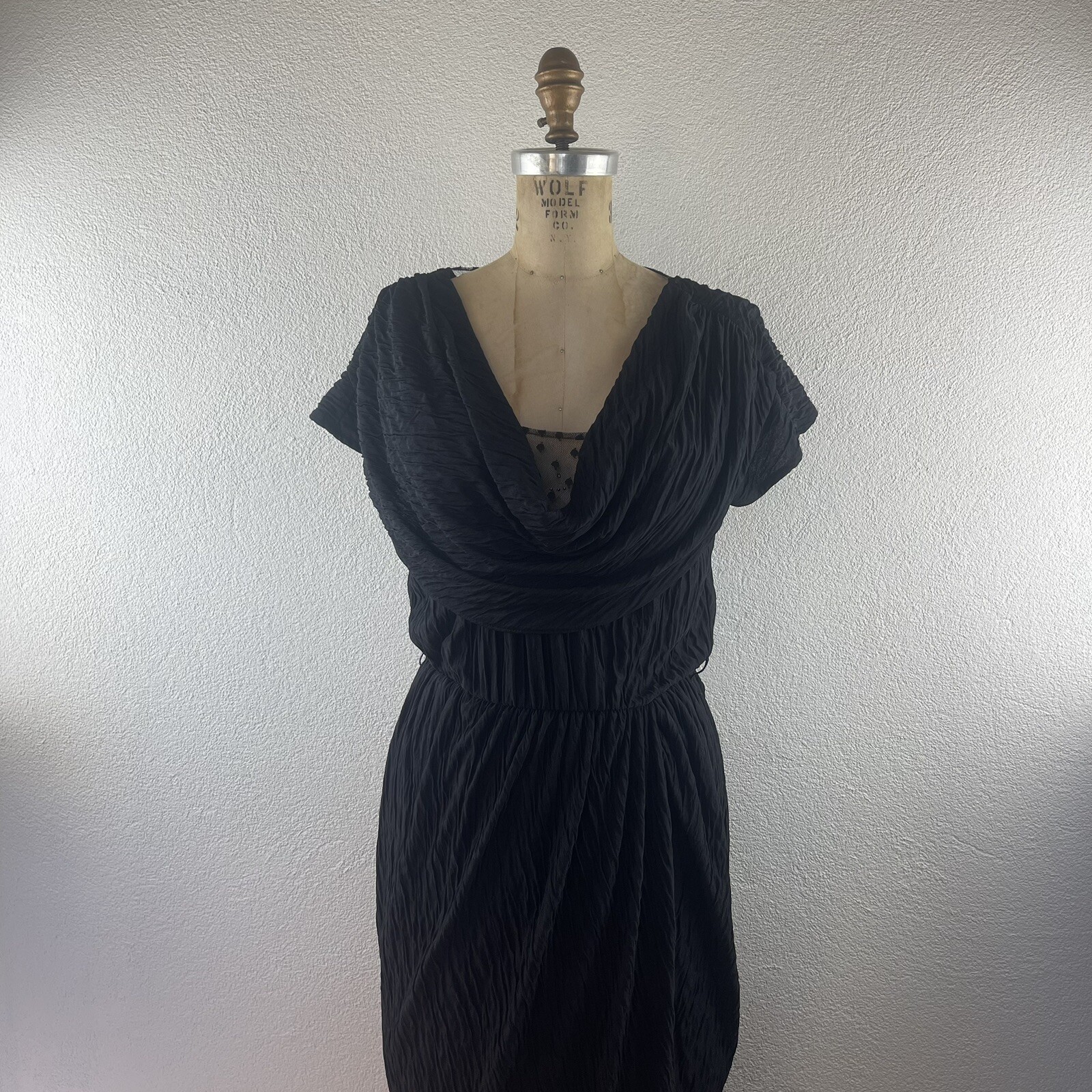 Vintage l 80s M Draped Swag Sheer Lace Mesh Exposed Open Back Wrap Wiggle Dress