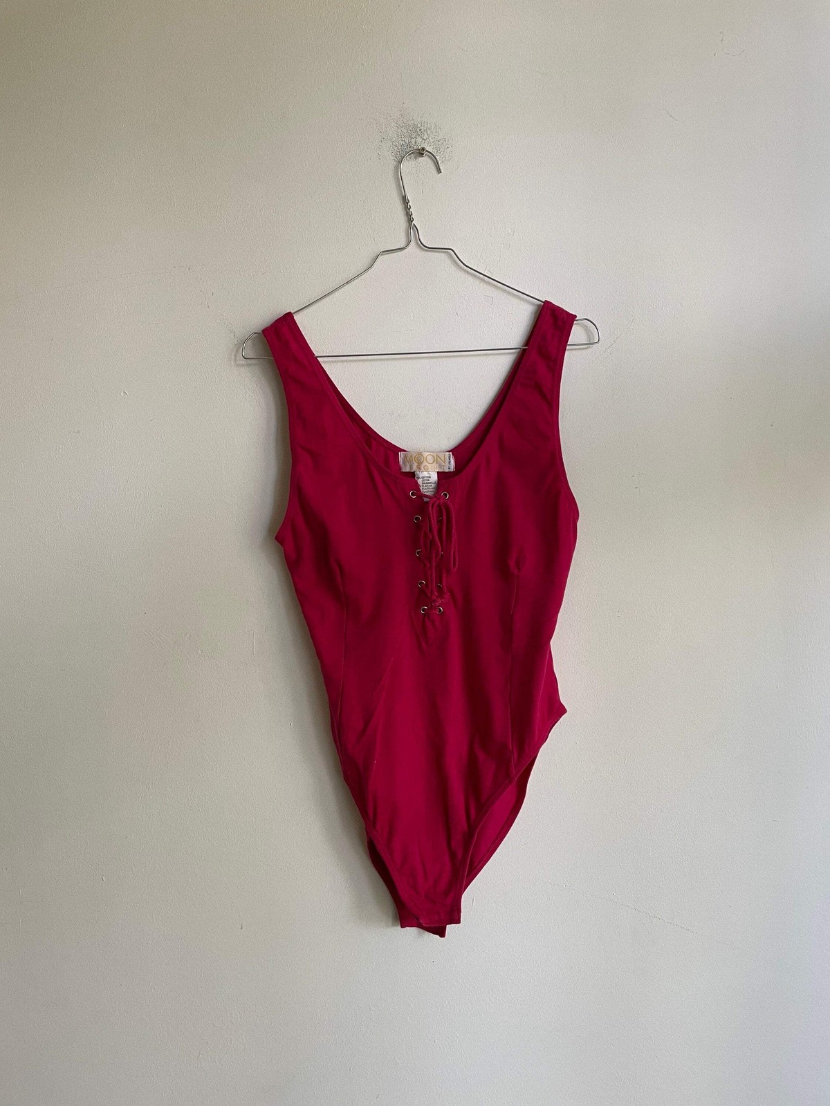 Pink feminine bodysuit, Fuchsia lace up vintage body, Sexy vibrant leotard, Vint