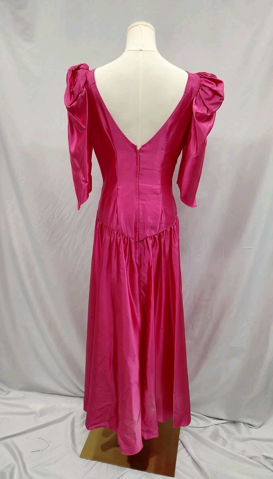 80’s Vintage Dress Hot Pink Liquid Satin Shine Puff Sleeve Bow V Back Gown 13/14