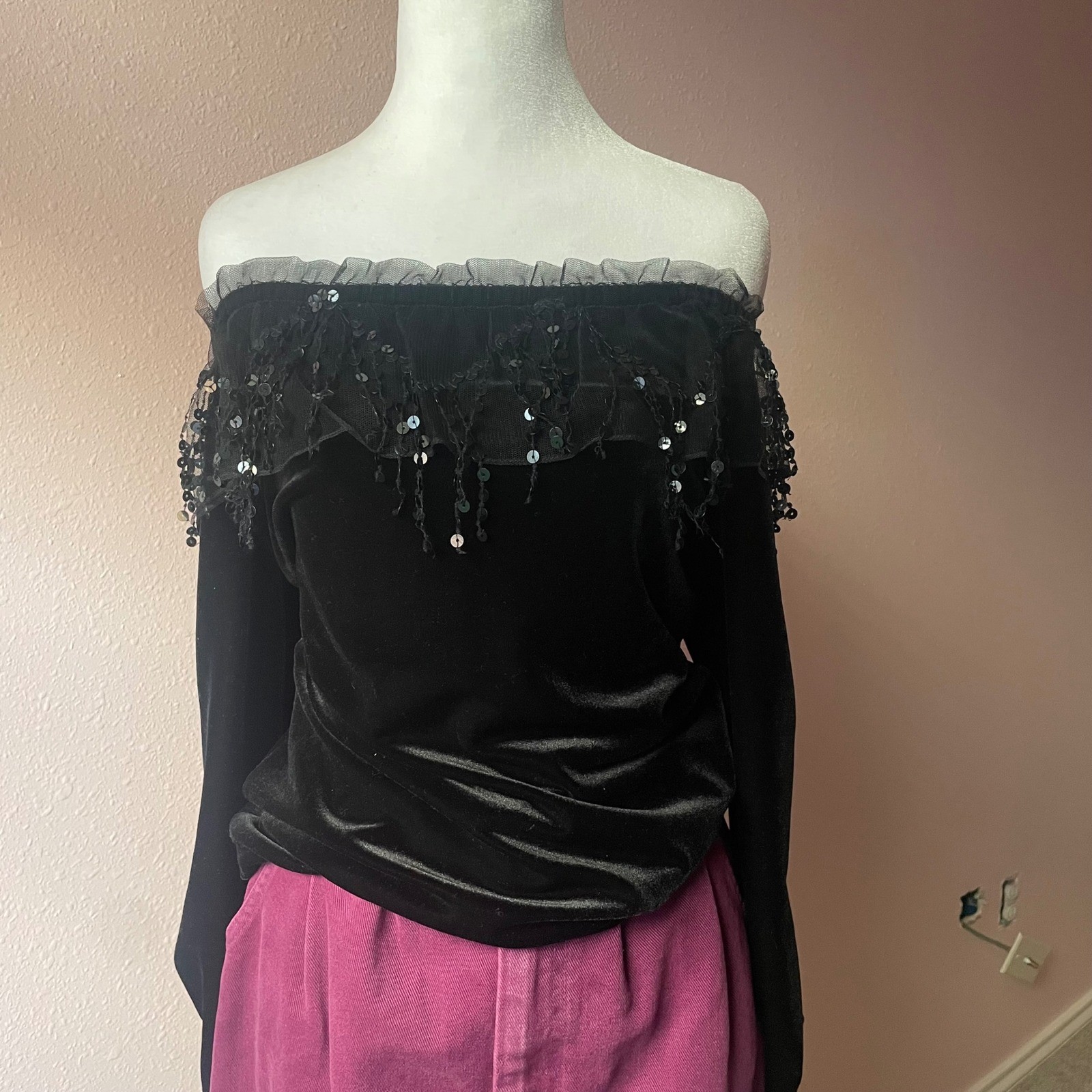 Vintage 1980s / 1990s Whimsygoth Velvet Off the Shoulder Blouse