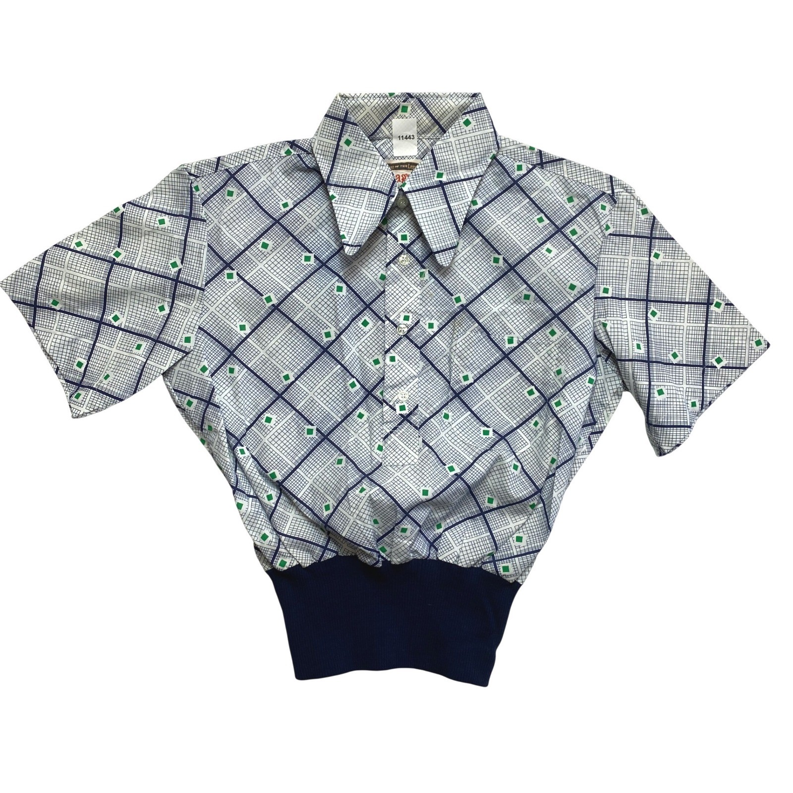 Fruit of the Loom Vintage Top Womens XS White Blue Green Geometric Banded Waist