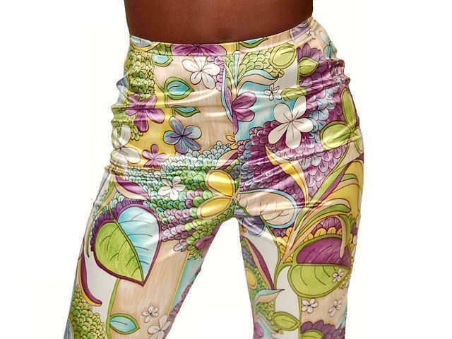 VTG 1970s Satin Floral Bell Bottom Pants & Lime Silk Top Lotte Designs Set S 4-6