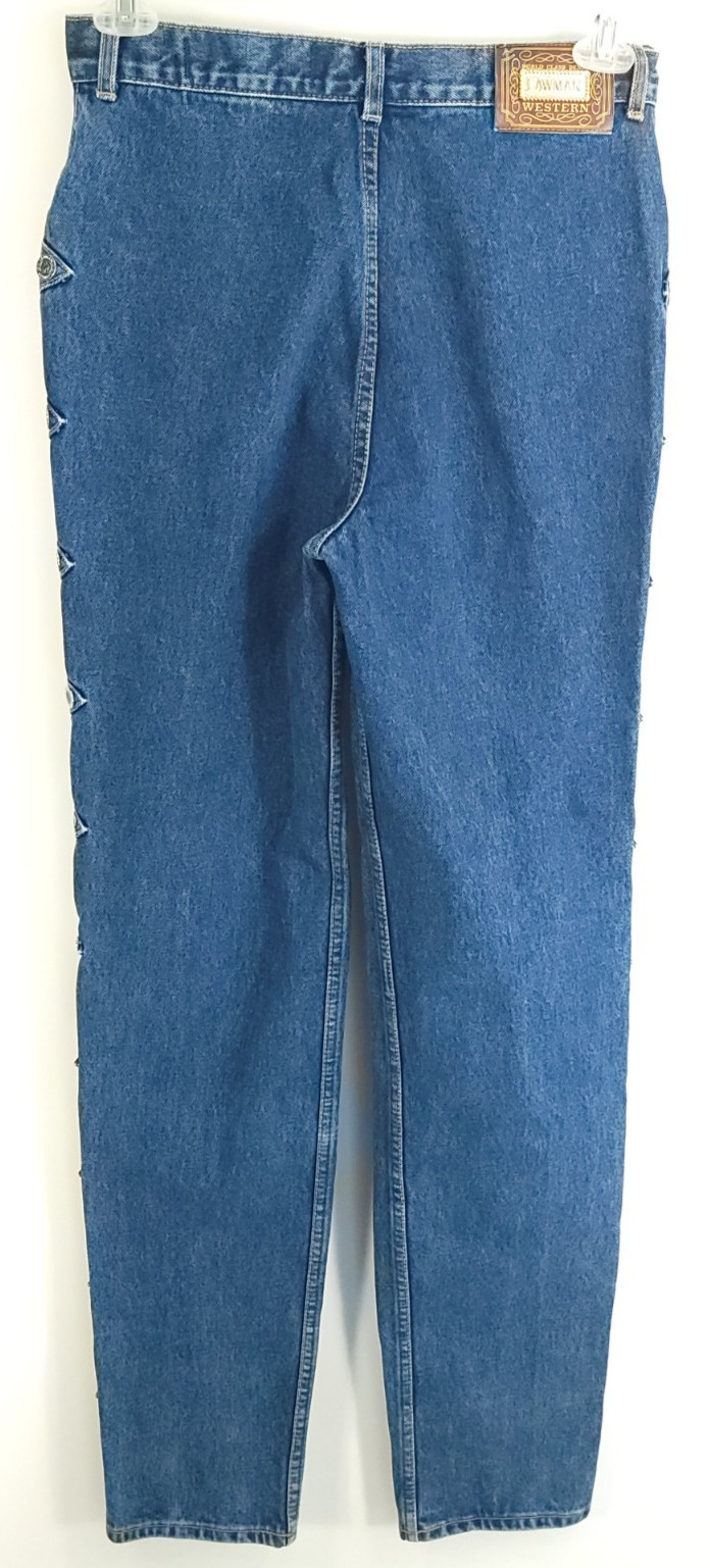 Vtg Lawman Western Jeans Junior’s 15 Blue Denim Distressed Faded Embellished