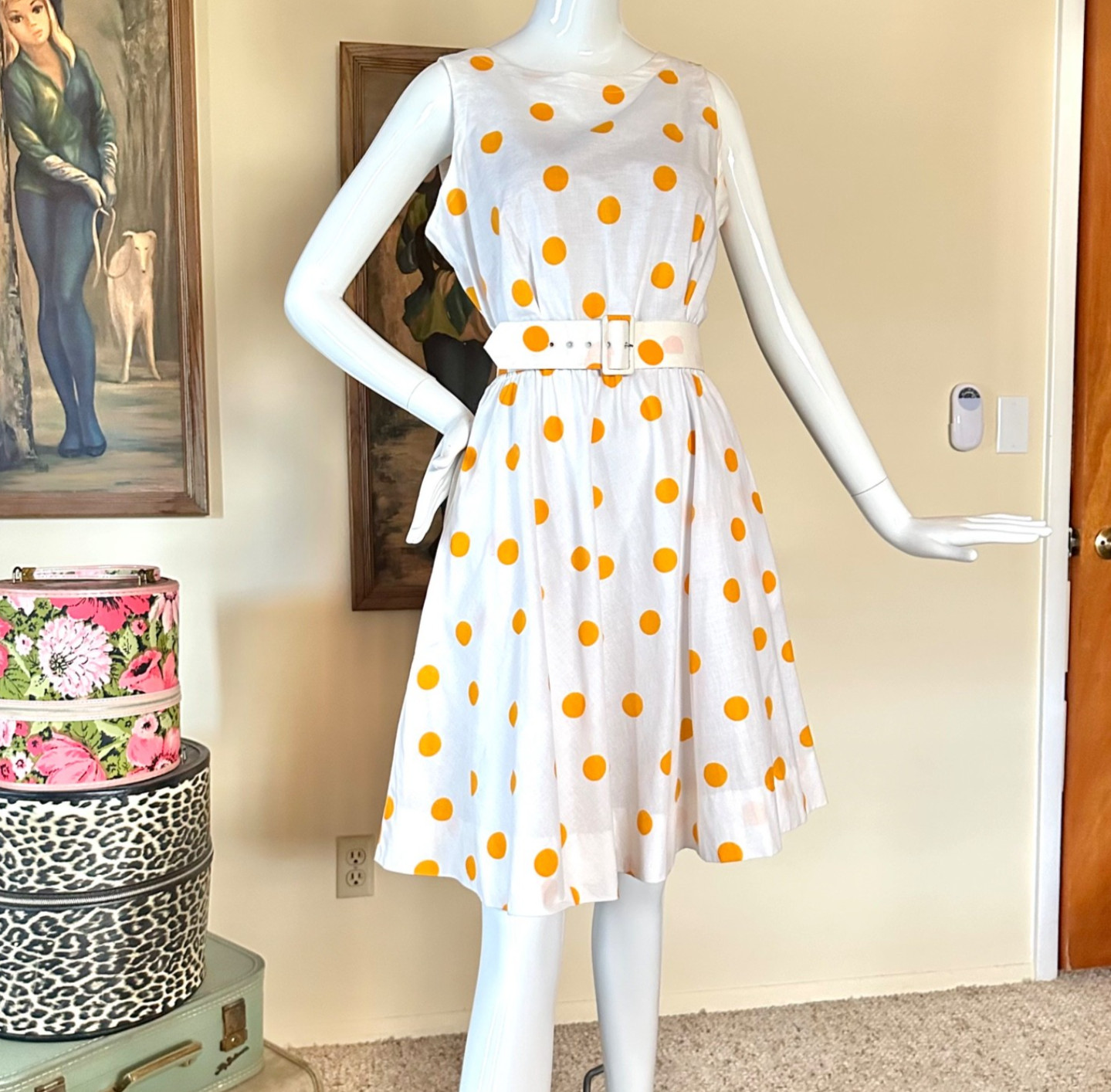 Vintage 1980s Preppy Yellow Polka-dot Skater Circle Mini Dress L Volup